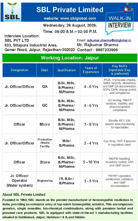 Screenshot 2026-08-24 094640 SBL Private Limited Hiring For QA, QC, Microbiology, Production, Store, Engineering