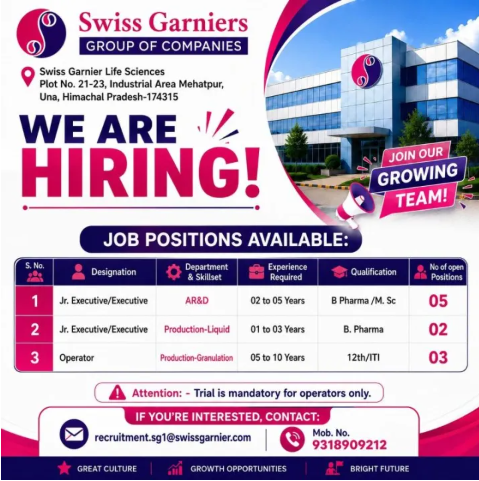 Swiss Garnier Life Sciences Hiring For AR&D & Production