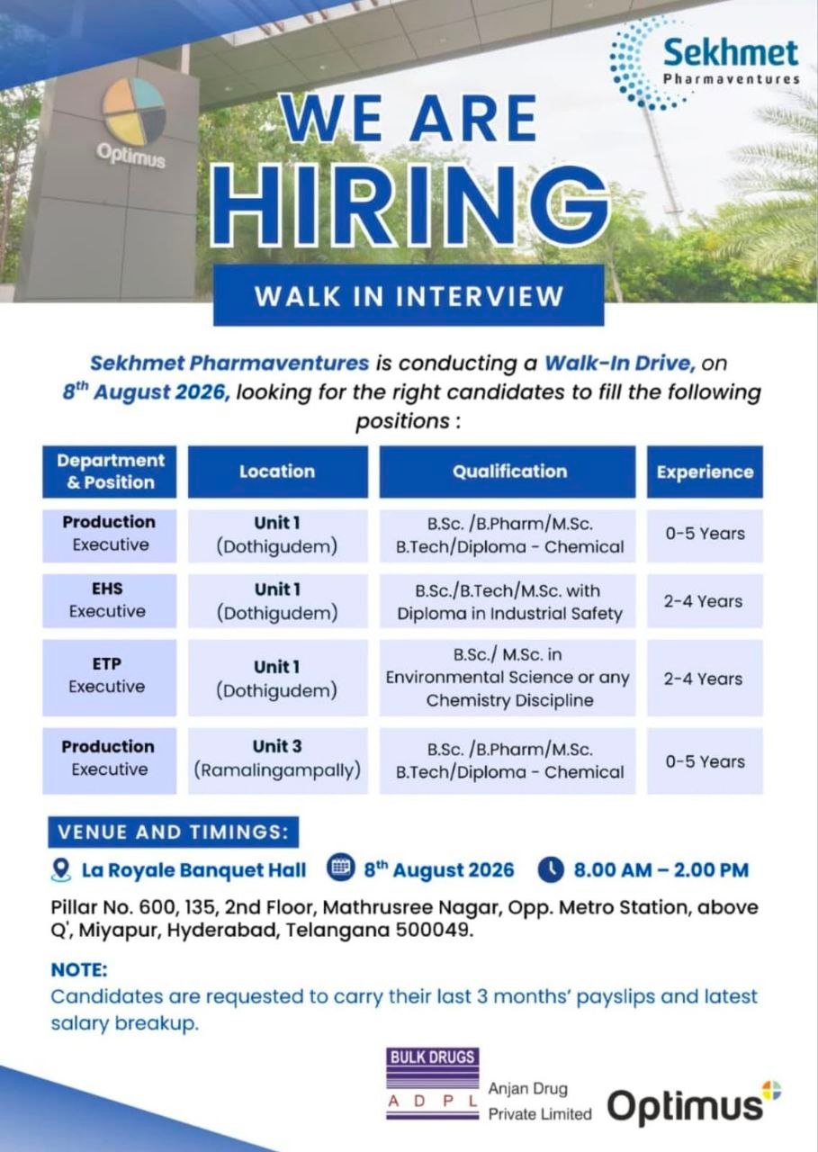 Freshers Needed In Production / EHS / ETP At Sekhmet Pharmaventures Pvt. Ltd