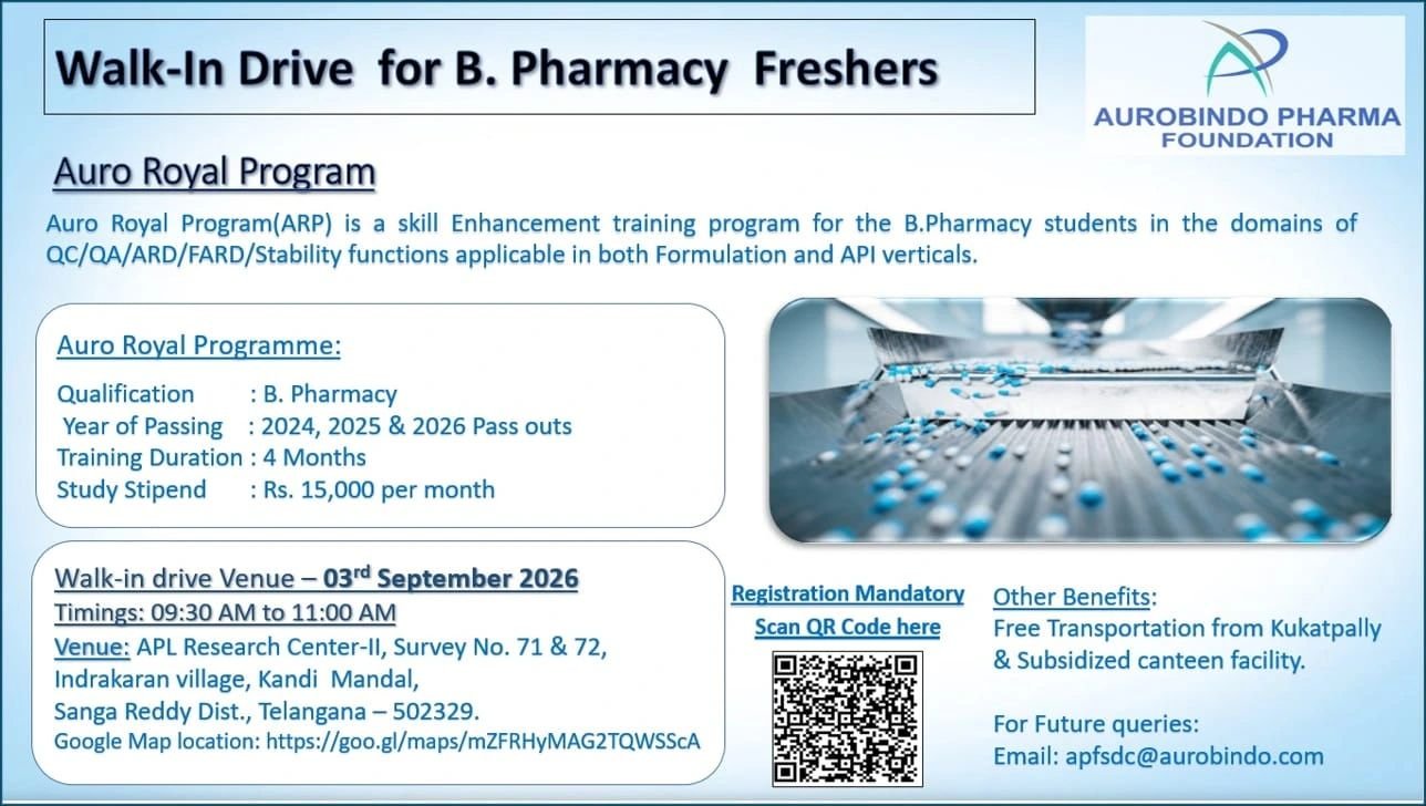 Freshers Needed In Quality Control / Quality Assurance / Analytical R&D / Formulation Analytical R&D / Stability functions At Aurobindo Pharma Foundation