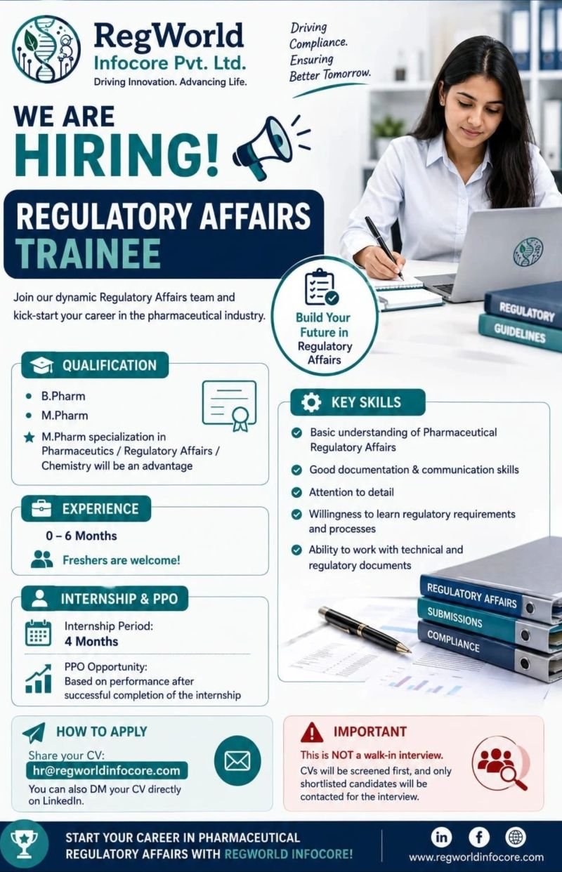 Freshers Needed In Regulatory Affairs Trainee At RegWorld Infocore Pvt. Ltd