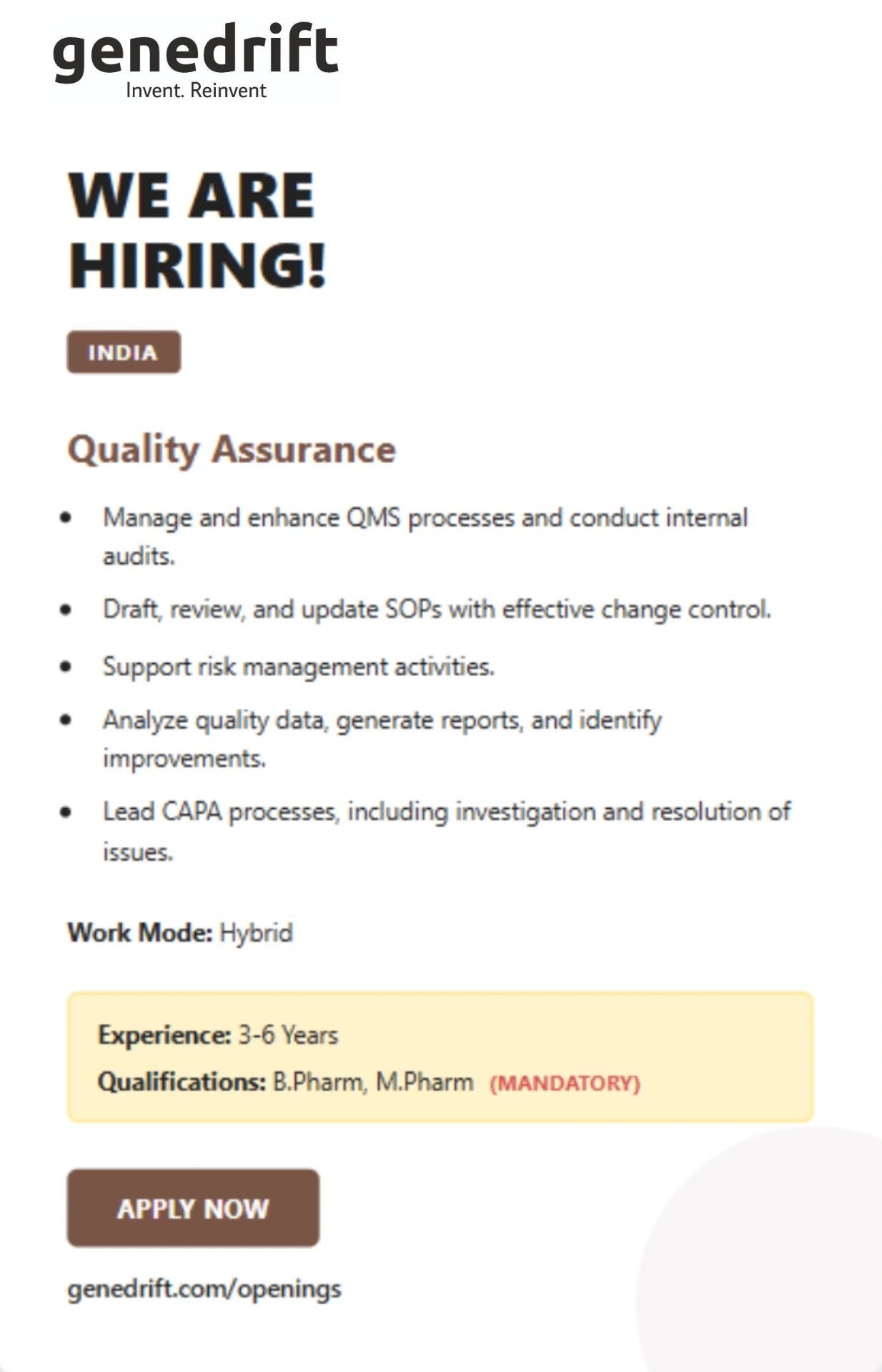 1788340168998 GeneDrift Hiring For Quality Assurance