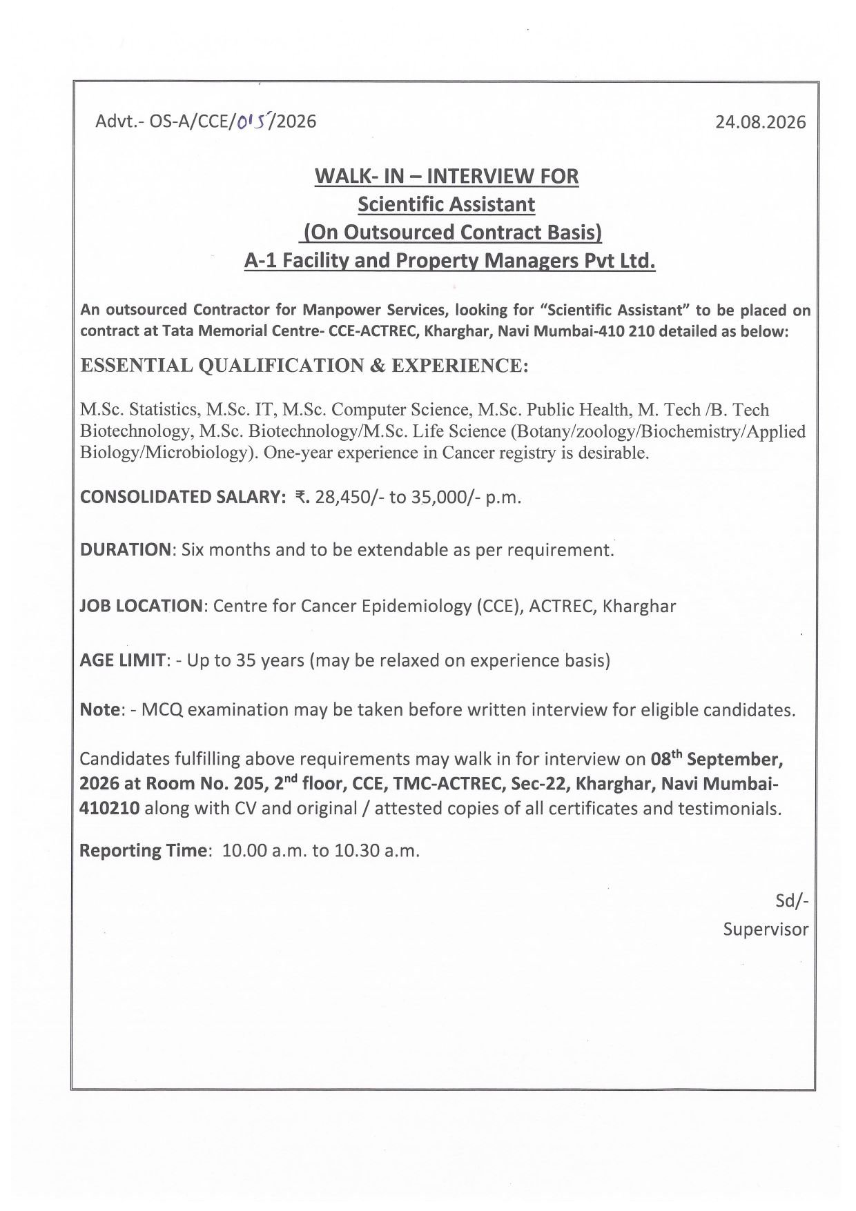 TMC-ACTREC Hiring For Scientific Assistant