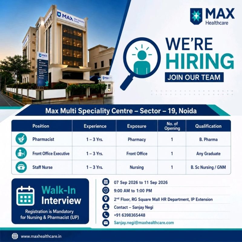 1788522951889 Max Healthcare Hiring For Pharmacist, Front Office Executive, Staff Nurse