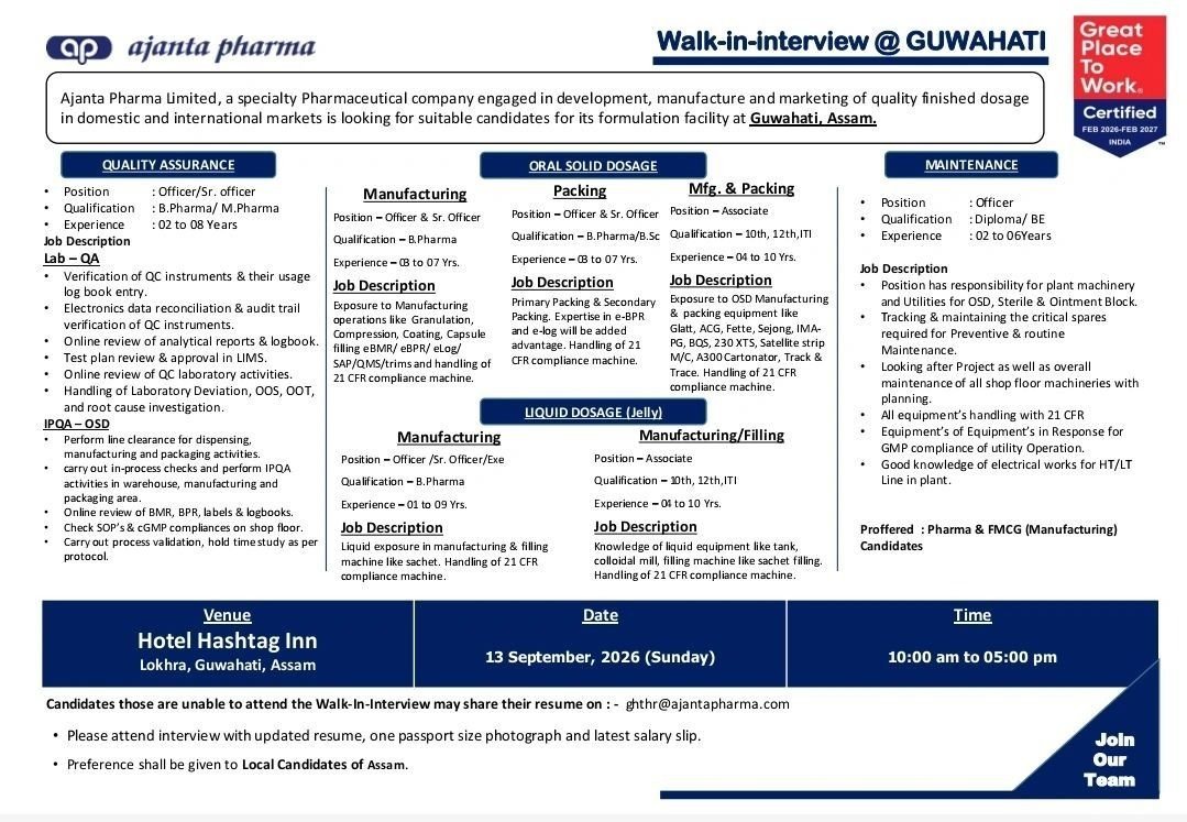 Ajanta Pharma Limited Hiring For Quality Assurance, Manufacturing, Packing, Liquid Dosage, Maintenance