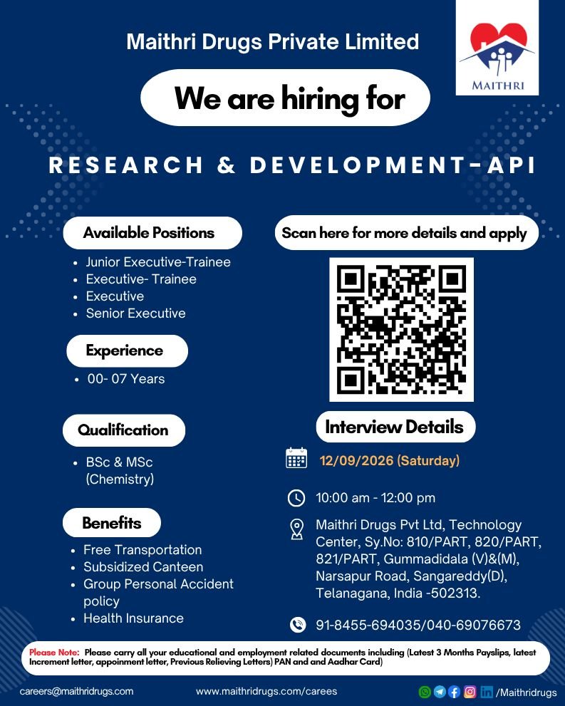 1788785655323 Freshers Needed In Research & Development – API At Maithri Drugs Private Limited