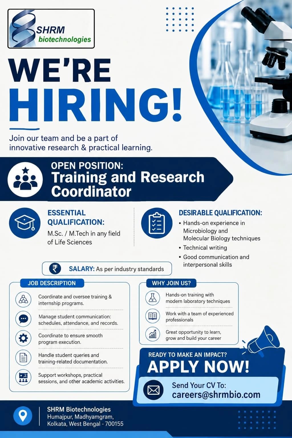 SHRM Biotechnologies Hiring For Training and Research Coordinator