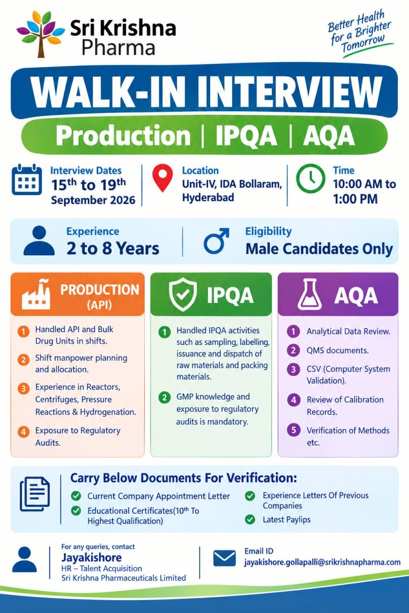 Sri Krishna Pharmaceuticals Limited Hiring For Production / In-Process Quality Assurance / Analytical Quality Assurance