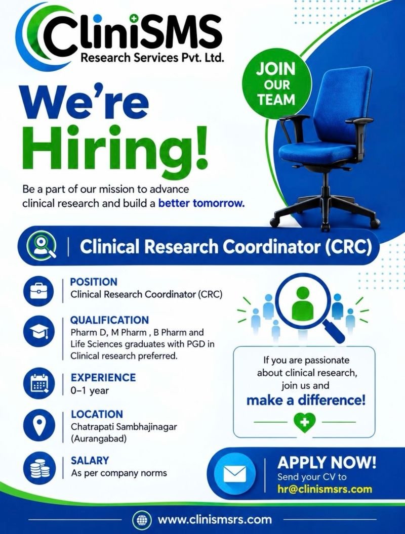 1789306423373 Freshers Needed In Clinical Research Coordinator At CliniSMS Research Services Pvt. Ltd