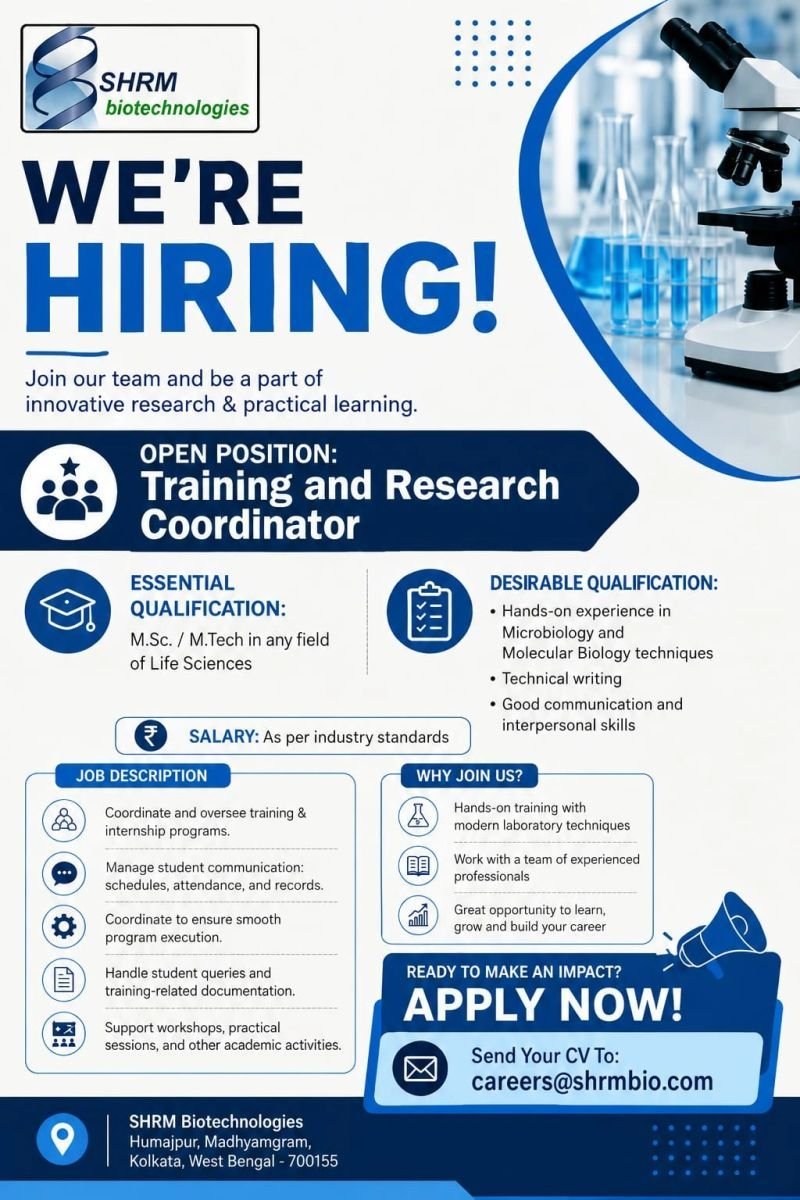 SHRM Biotechnologies Hiring For Training and Research Coordinator