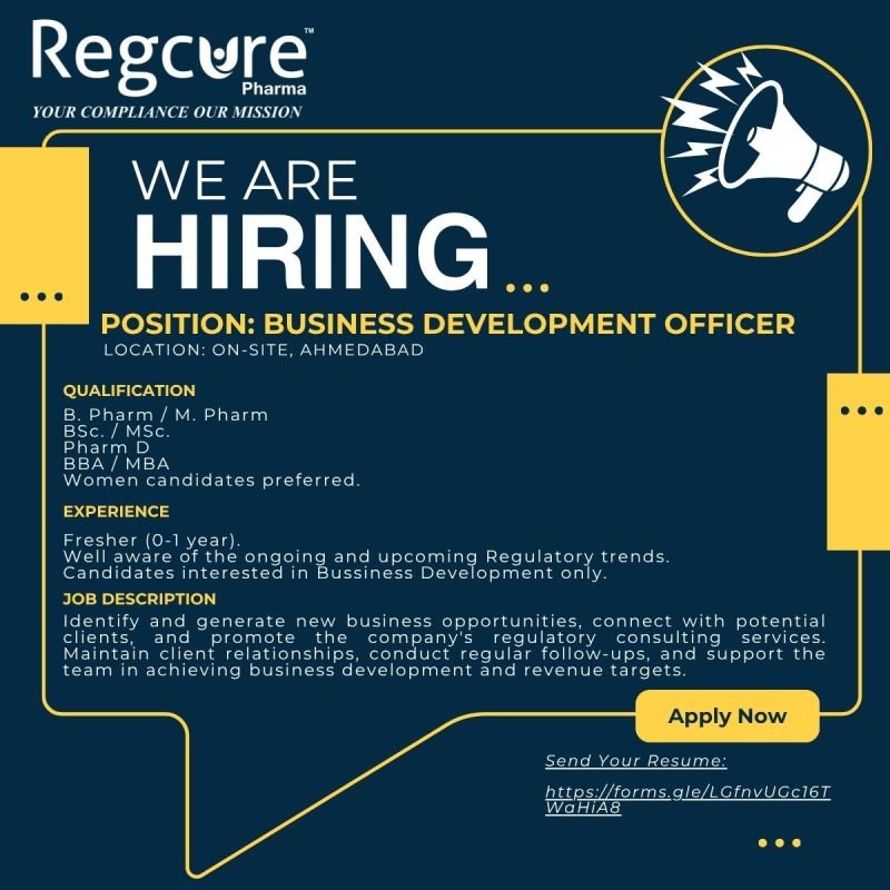 Freshers Needed In Business Development Officer At Regcure