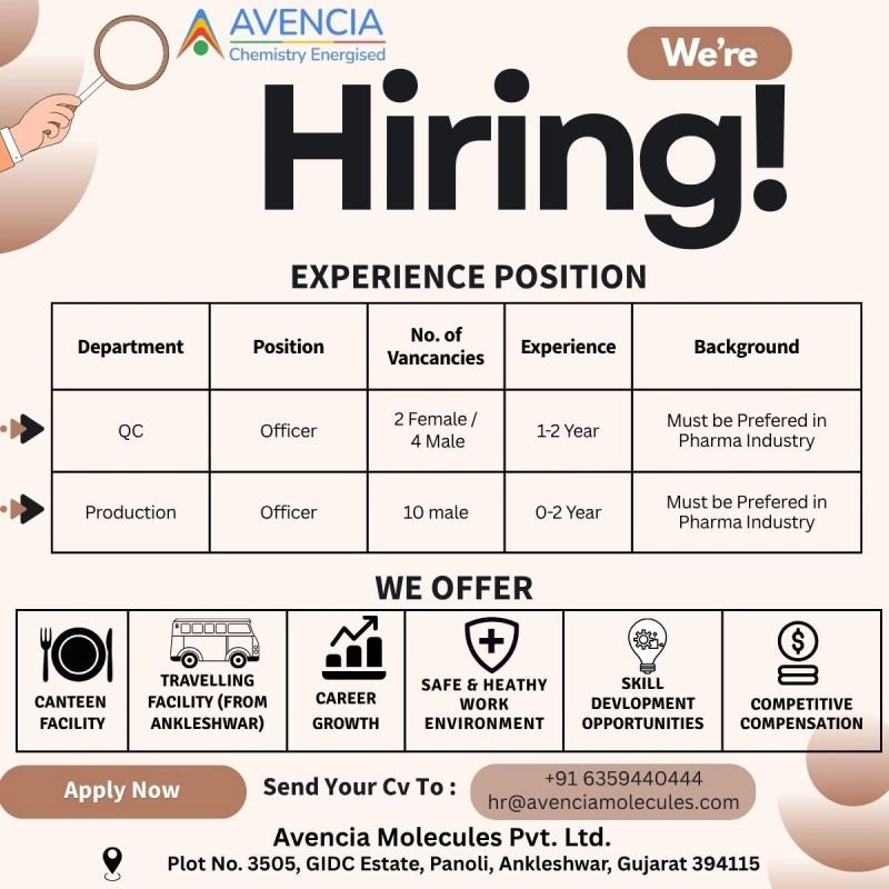 1789634792697 Freshers Needed In Production / Quality Control At Avencia Molecules Pvt. Ltd