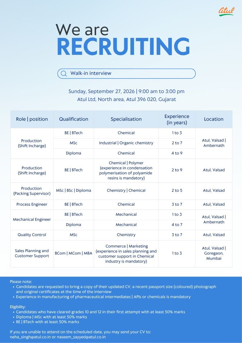 1789634956165 Atul Ltd Hiring For Production, Process Engineering, Mechanical Engineering, Quality Control, and Sales Planning & Customer Support