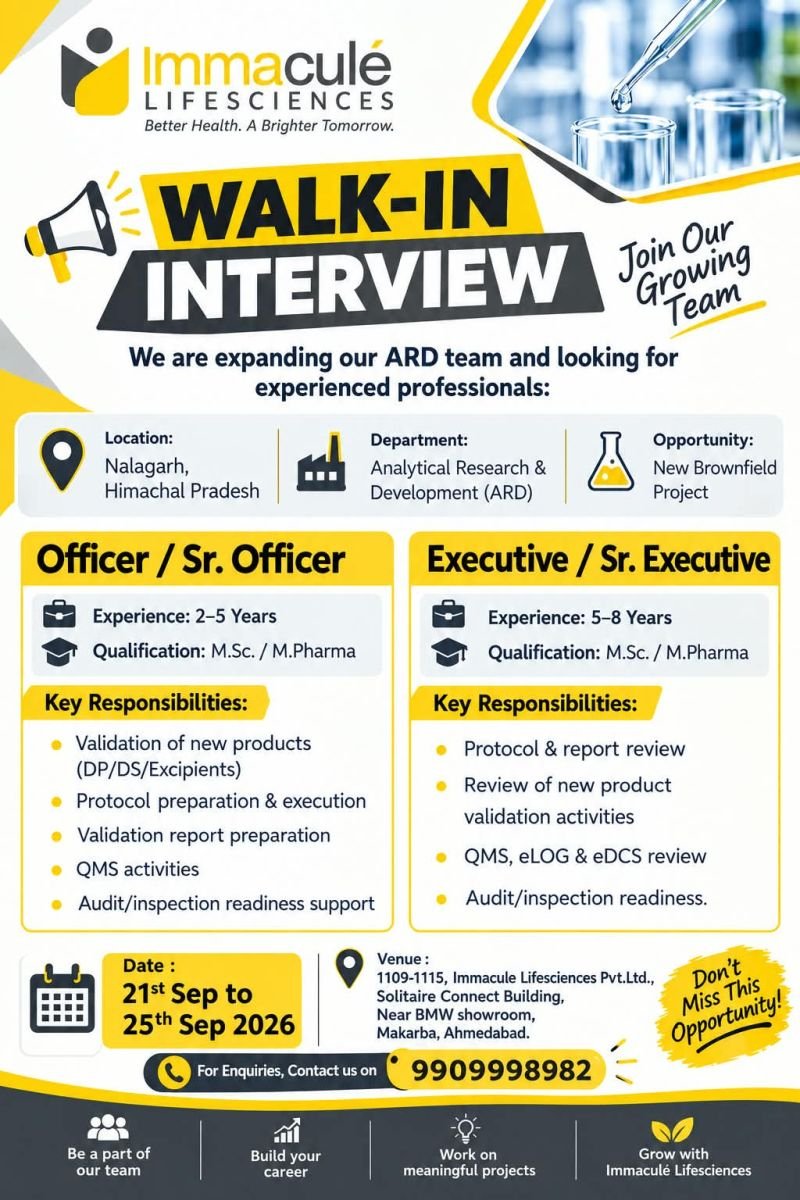 1789969324093 Immacule Lifesciences Hiring For Analytical Research & Development