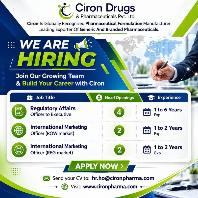 1789996168162 Ciron Drugs & Pharmaceuticals Hiring For Regulatory Affairs and International Marketing