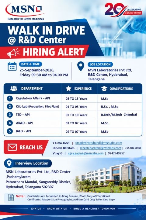 1790052870301 MSN Laboratories Hiring For Regulatory Affairs, Kilo Lab, TSD, AR&D, and R&D