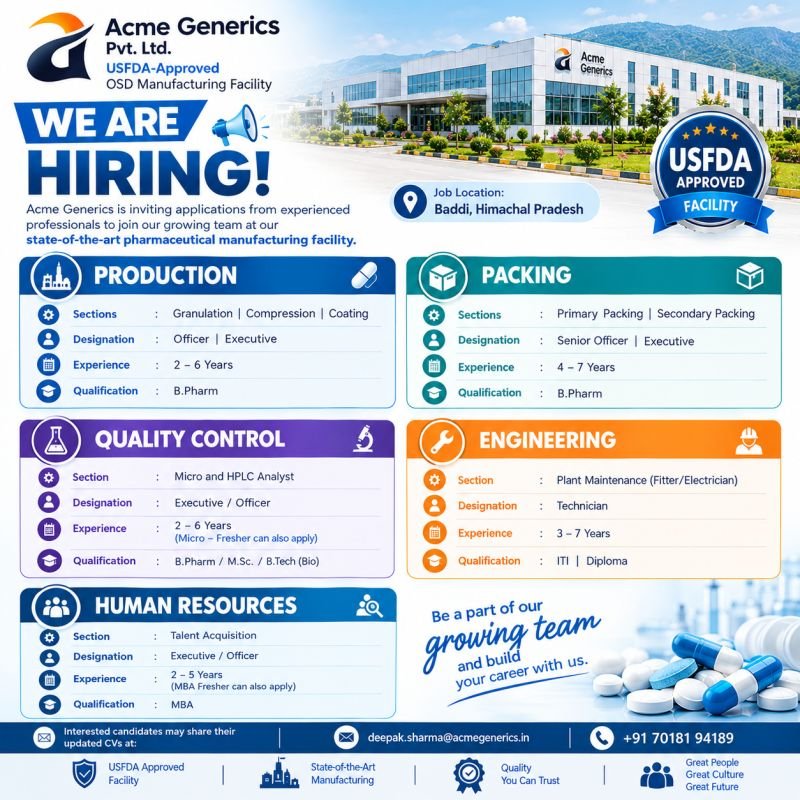 1790058393389 Acme Generics Hiring For Production / Quality Control / Human Resources / Packing / Engineering