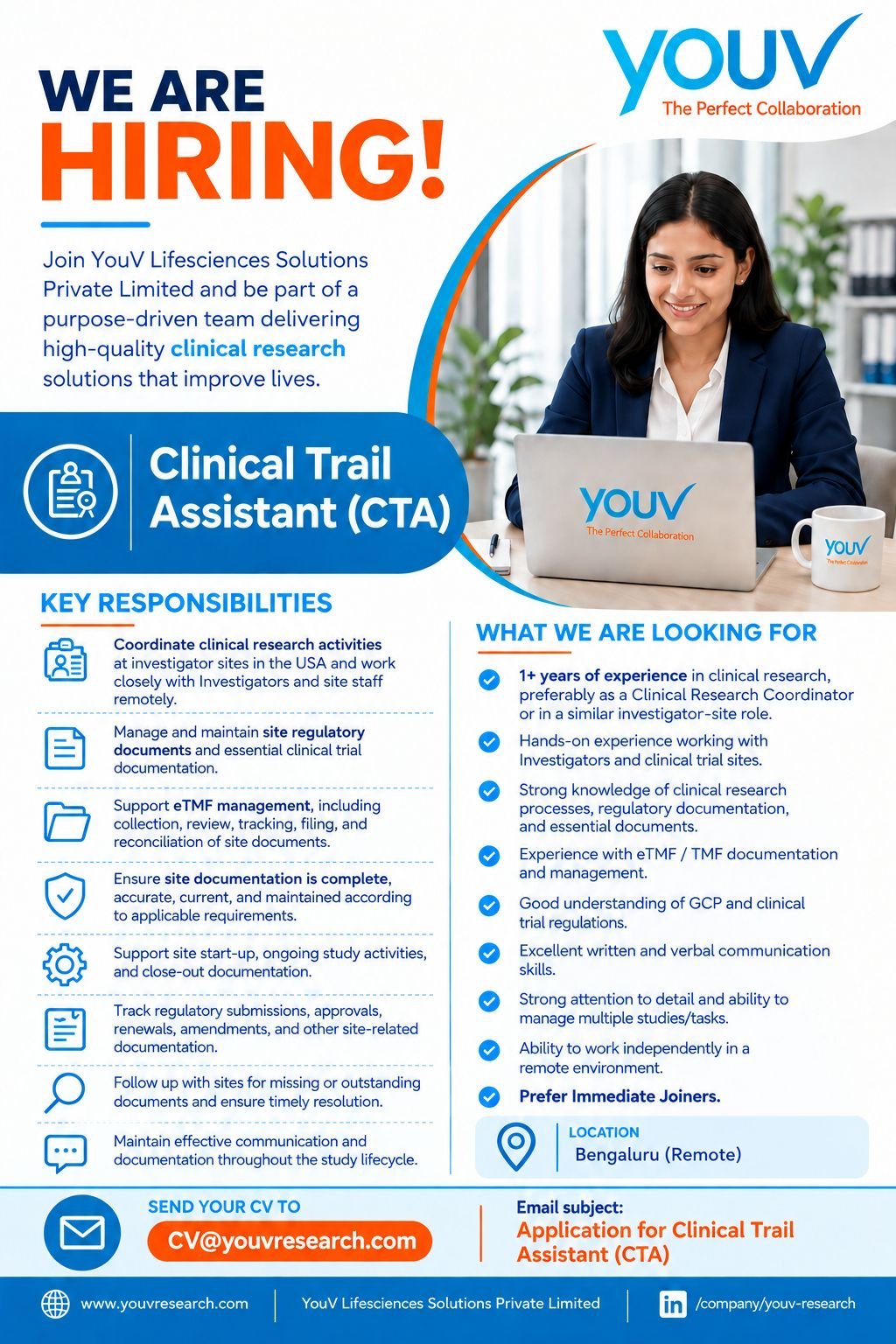YouV Lifesciences Hiring For Clinical Trial Assistant