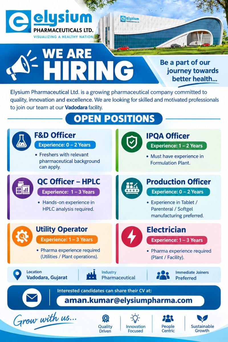 1790144671368 Freshers Needed In Production / QC / F&D / Utility / IPQA / Electrician At Elysium Pharmaceuticals Ltd
