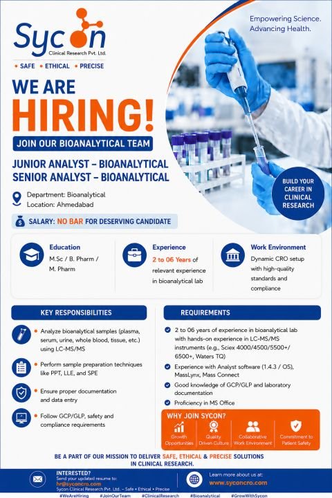 1790425147971 Sycon Clinical Research Hiring For Junior Analyst – Bioanalytical / Senior Analyst – Bioanalytical