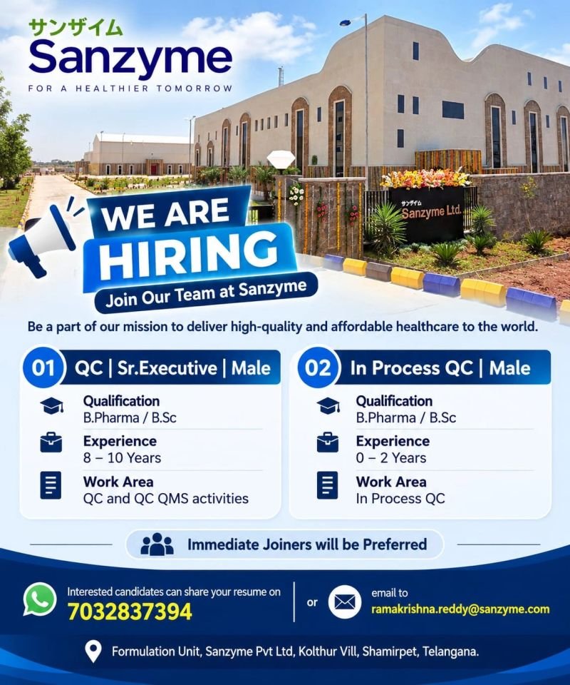 1790729172022 Freshers Needed In QC and In Process QC At Sanzyme Ltd