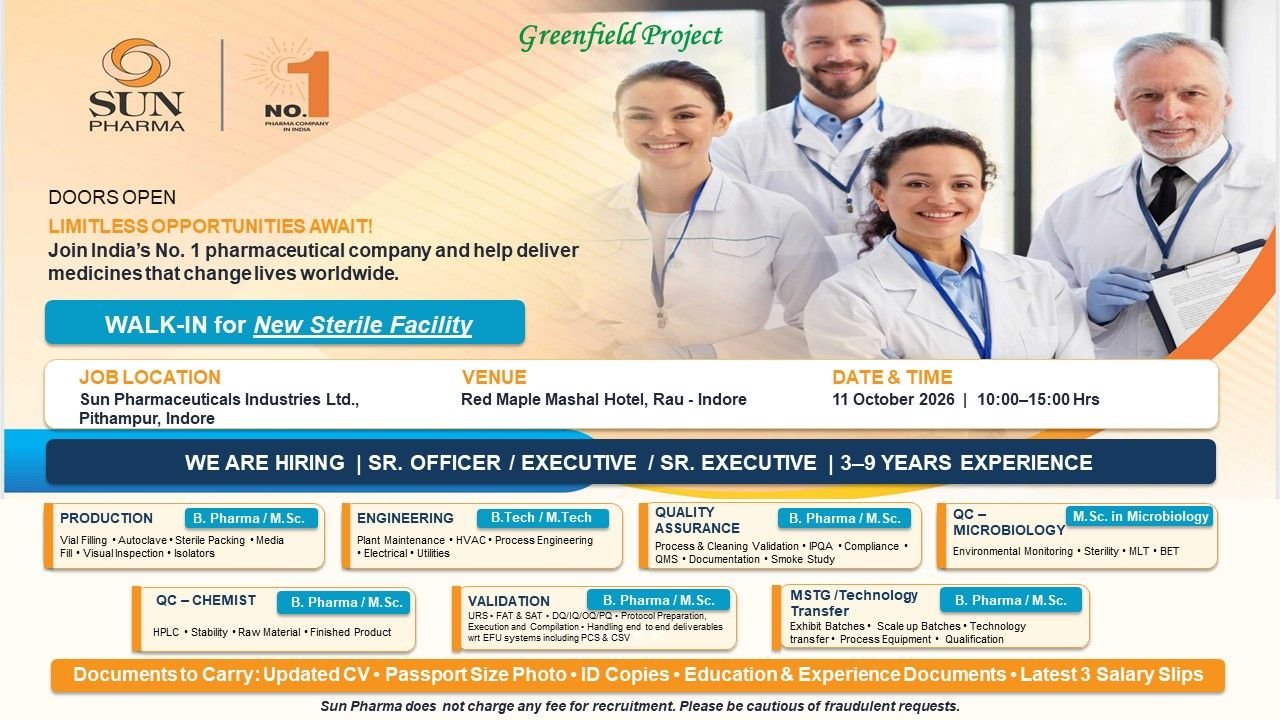 1790766640353 Sun Pharmaceutical Hiring For Production, Engineering, Quality Assurance, QC Microbiology, QC Chemistry, Validation, and MSTG/Technology Transfer