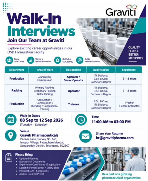 Screenshot 2026-09-08 201019 Freshers Needed In Production, Packing At Graviti Pharmaceuticals