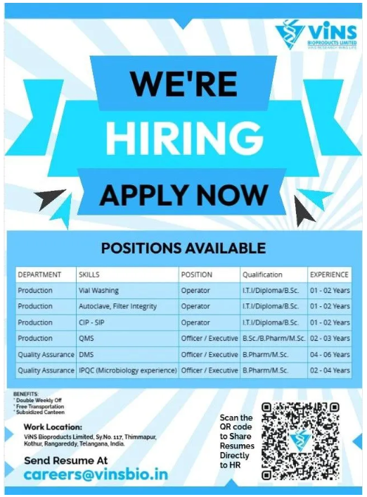 VINS Bioproducts Hiring For Production / Quality Assurance