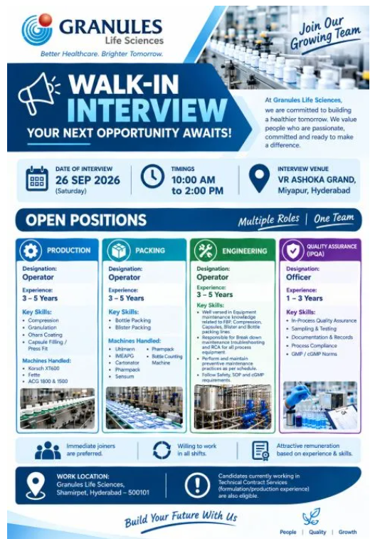 Screenshot 2026-09-18 175022 Granules Life Sciences Hiring For Production, Packing, Engineering and Quality Assurance