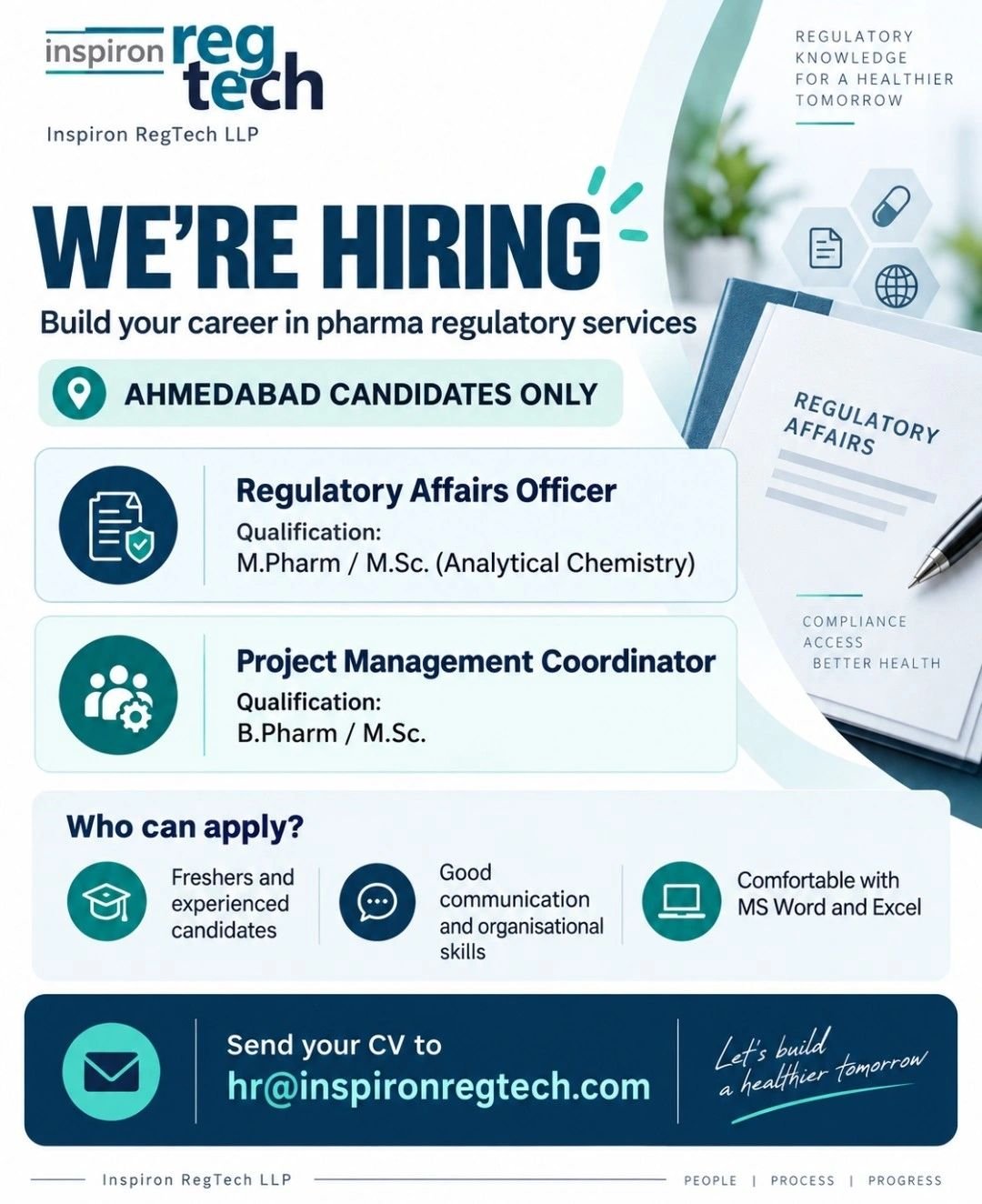 Freshers Needed In Regulatory Affairs Officer, Project Management Coordinator At Inspiron RegTech LLP