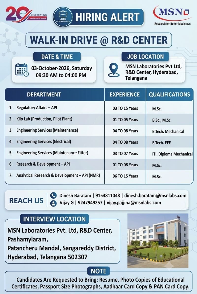 1790757760962 MSN Laboratories Hiring For R&D, Regulatory Affairs, Production and Engineering Services