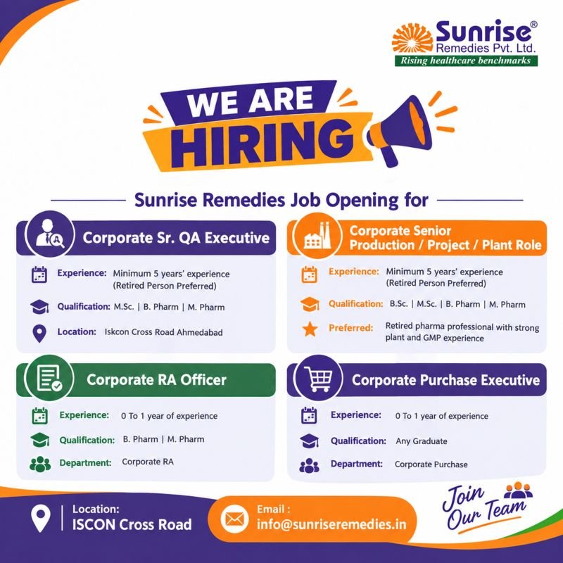 Freshers Needed In QA Executive, Senior Production/Project/Plant Role, RA Officer, and Purchase Executive At Sunrise Remedies Pvt. Ltd.
