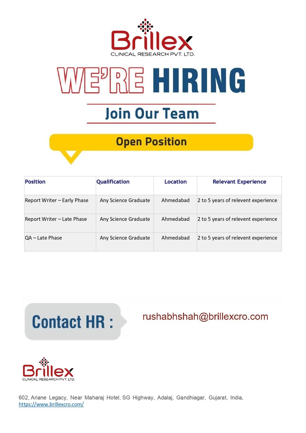 1791263517404 Brillex Clinical Research Hiring For Report Writer – Early Phase, Report Writer – Late Phase, and QA – Late Phase