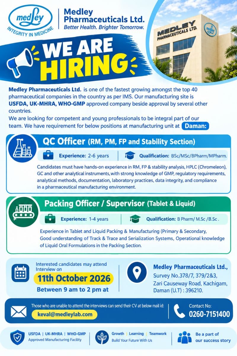1791286923510 Medley Pharmaceuticals Hiring For QC Officer; Packing Officer / Supervisor