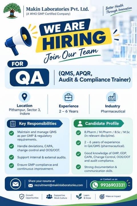 1791310371090 Makin Laboratories Hiring For QA – QMS, APQR, Audit & Compliance Trainer