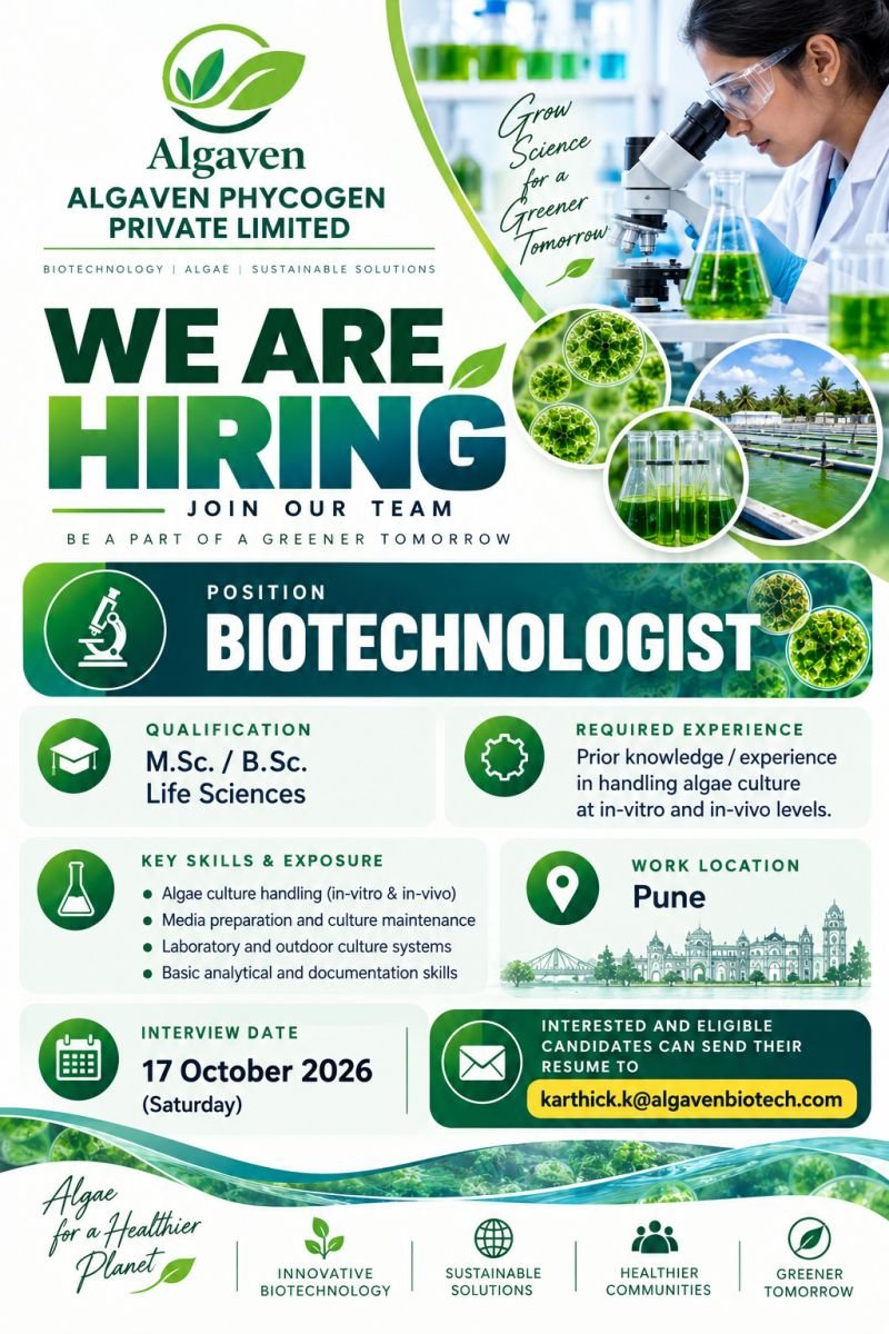1791435111622 Algaven Phycogen Private Limited Hiring For Biotechnologist | Pune