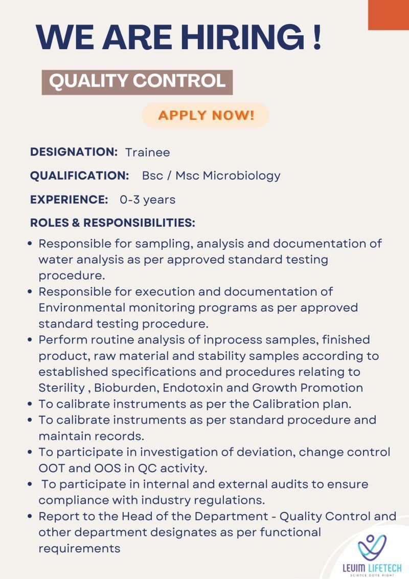 1791527627808 Freshers Needed In Trainee – Quality Control At LEUIM LIFETECH