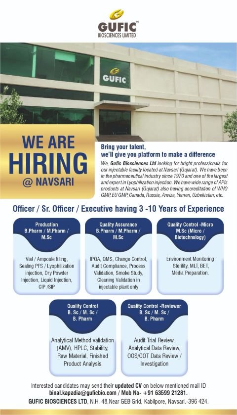 1791598312139 Gufic Biosciences Limited Hiring For Production, Quality Assurance, Quality Control, QC Microbiology, QC Reviewer