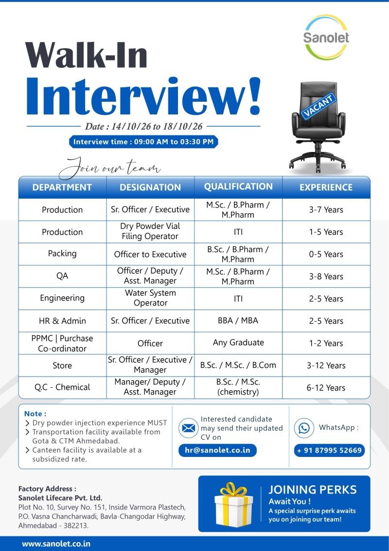 1791805293877 Freshers Needed In Production, Packing, QA, Engineering, HR & Admin, PPMC, Purchase, Stores, QC – Chemical At Sanolet Lifecare