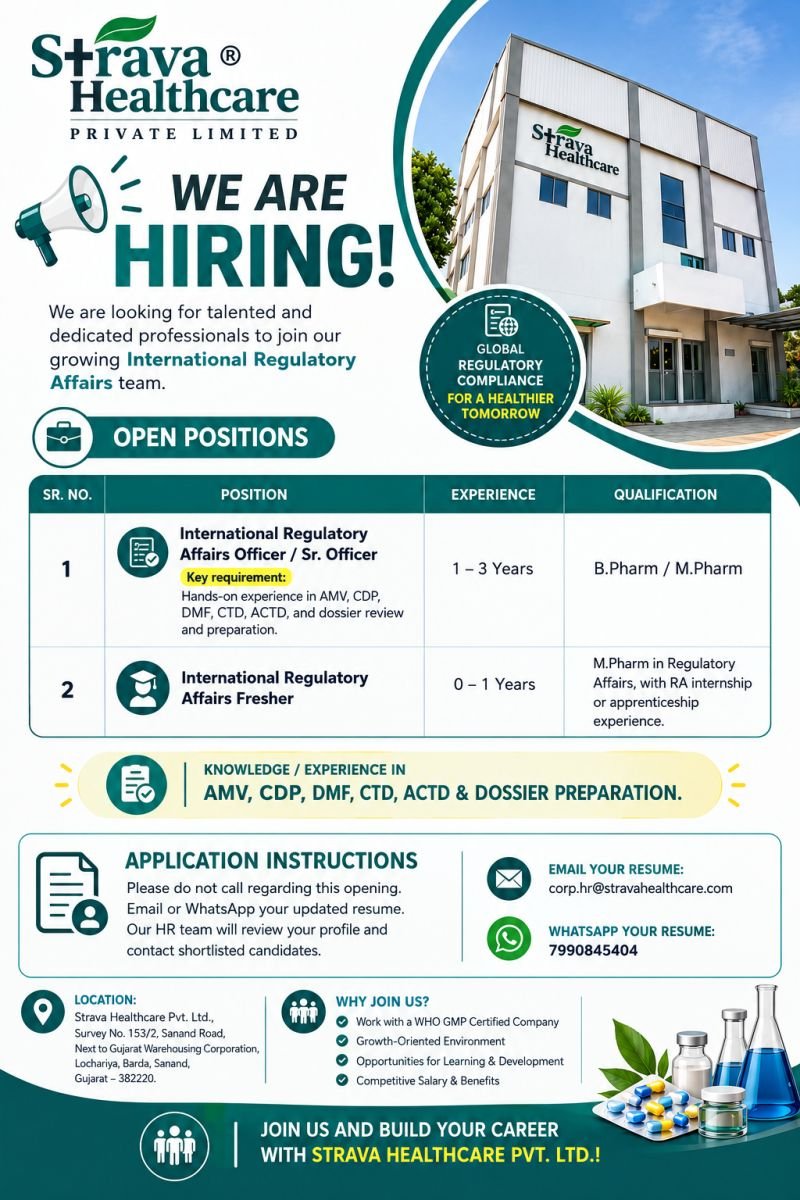 1791807019477 Freshers Needed In International Regulatory Affairs At Strava Healthcare Pvt. Ltd