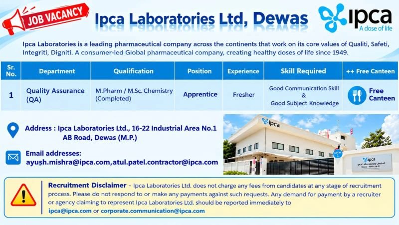 Freshers Needed In Quality Assurance At Ipca Laboratories Ltd.