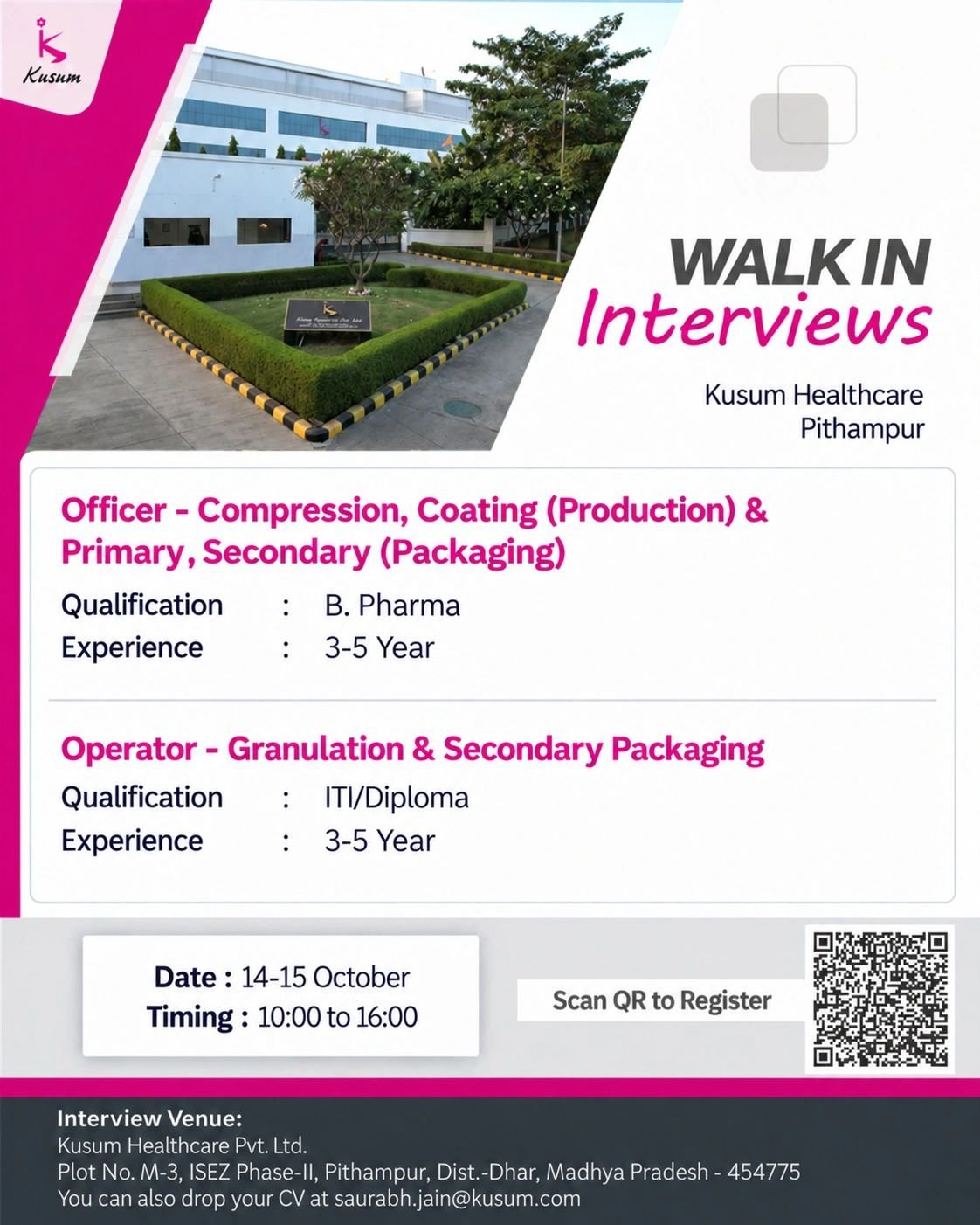 Kusum Healthcare Hiring For Production and Packaging