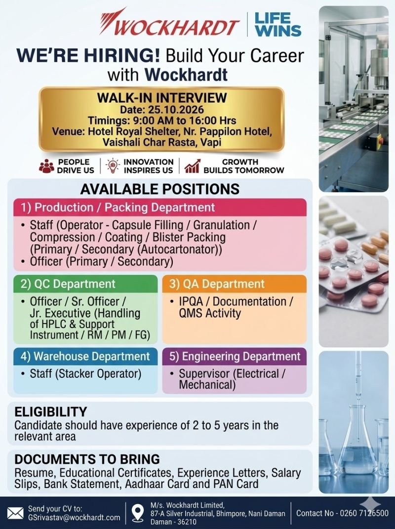 Wockhardt Limited Hiring For Production/Packing, QC, QA, Warehouse, Engineering