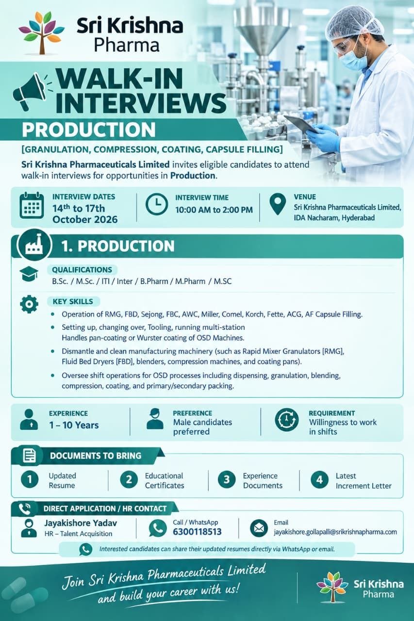 Freshers Needed In Production, Quality Control, Microbiology At Sri Krishna Pharmaceuticals Limited