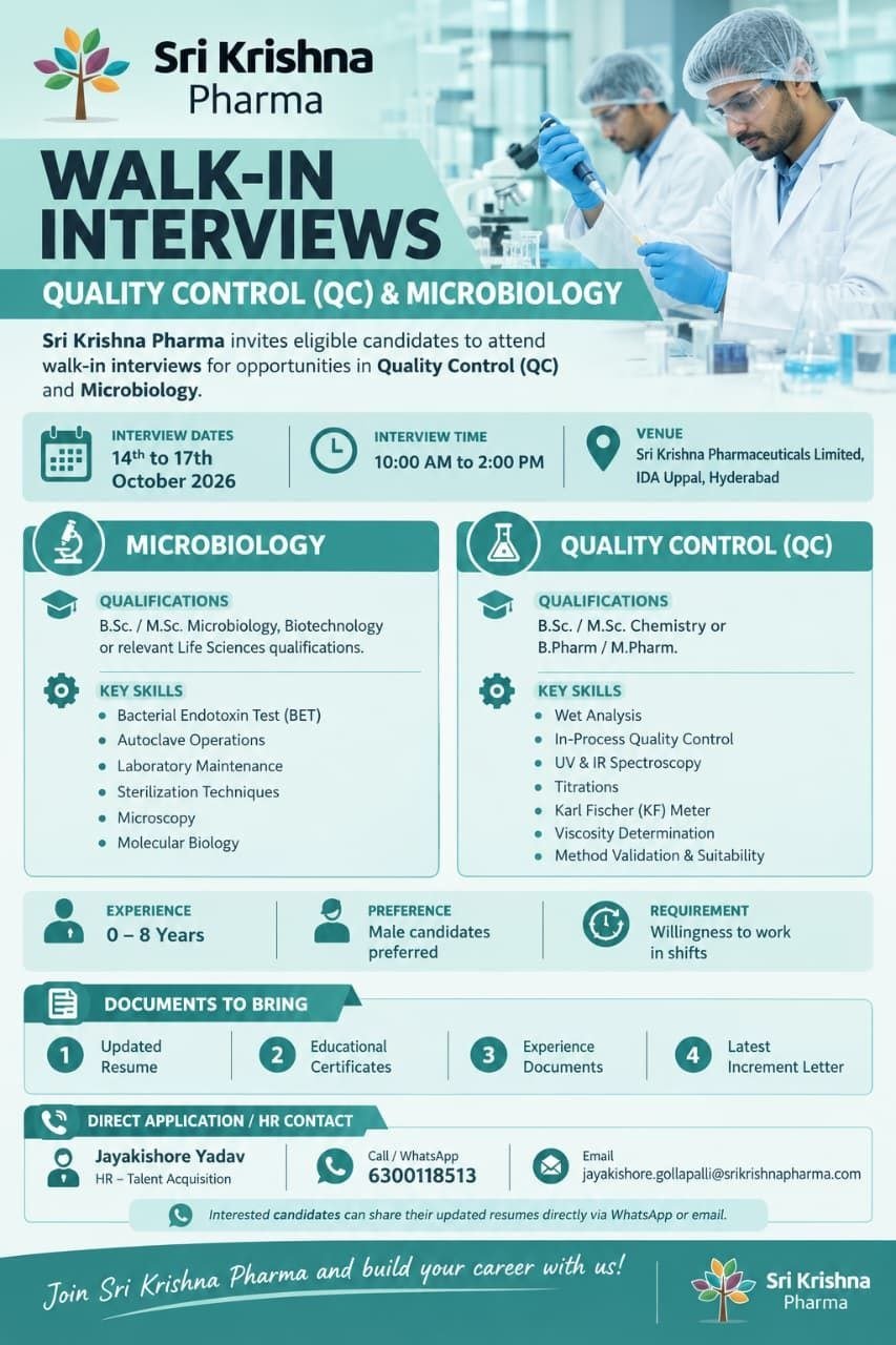 Freshers Needed In Production, Quality Control, Microbiology At Sri Krishna Pharmaceuticals Limited